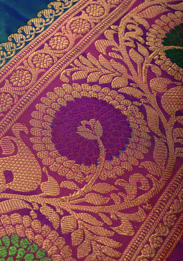 Peacock Blue and Green Dual Tone Pure Gadwal Silk Saree with Gold-Silver Paisley Buttas and  Meenakari Border | SILK MARK CERTIFIED