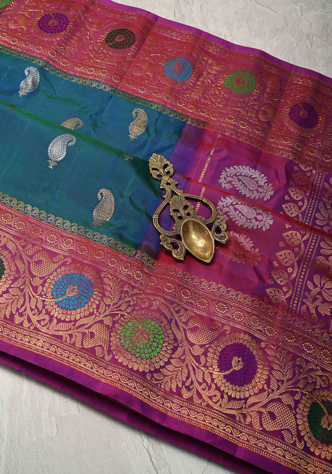 Peacock Blue and Green Dual Tone Pure Gadwal Silk Saree with Gold-Silver Paisley Buttas and  Meenakari Border | SILK MARK CERTIFIED
