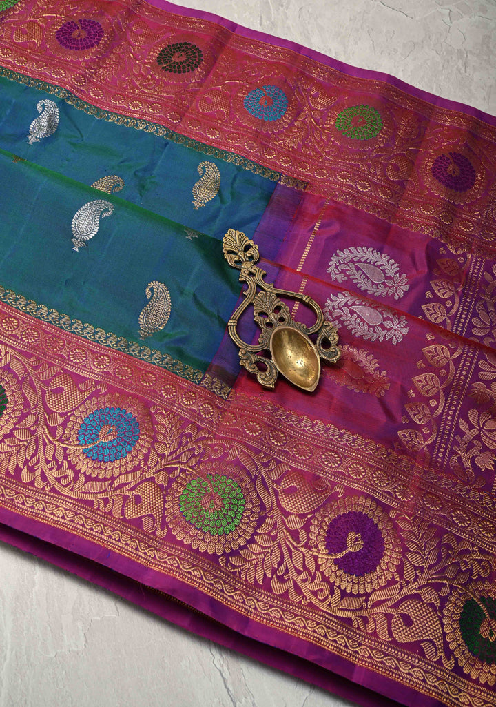 Peacock Blue and Green Dual Tone Pure Gadwal Silk Saree with Gold-Silver Paisley Buttas and  Meenakari Border | SILK MARK CERTIFIED