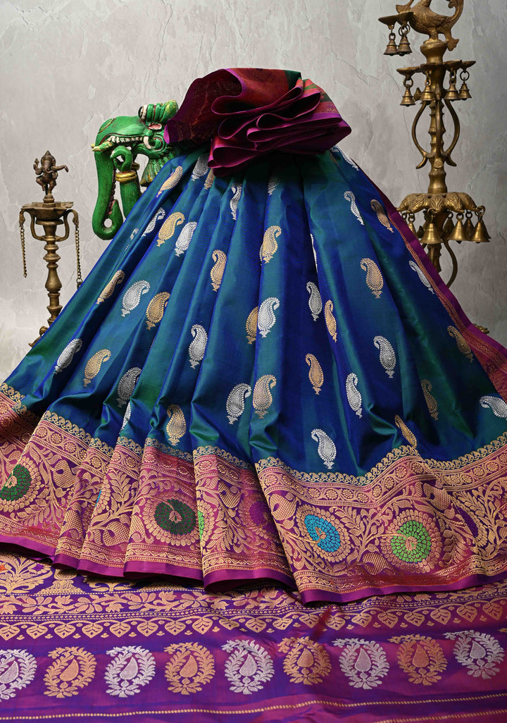 Peacock Blue and Green Dual Tone Pure Gadwal Silk Saree with Gold-Silver Paisley Buttas and  Meenakari Border | SILK MARK CERTIFIED