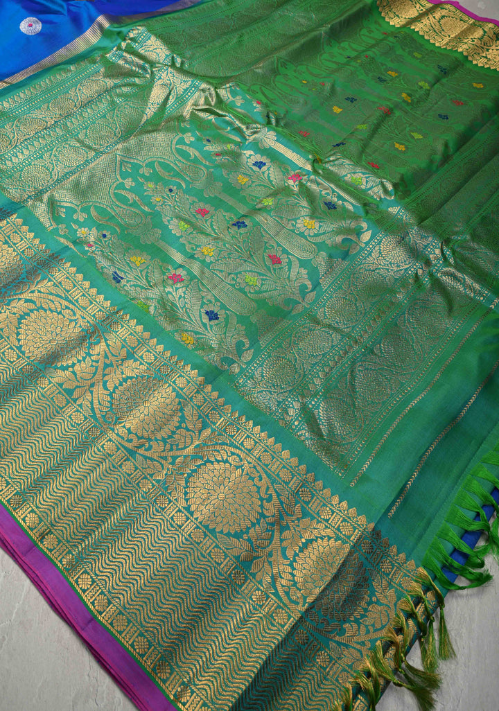 Royal Blue Pure Gadwal Silk Saree with Meenakari Buttas and Wide Kanchi Border | SILK MARK CERTIFIED