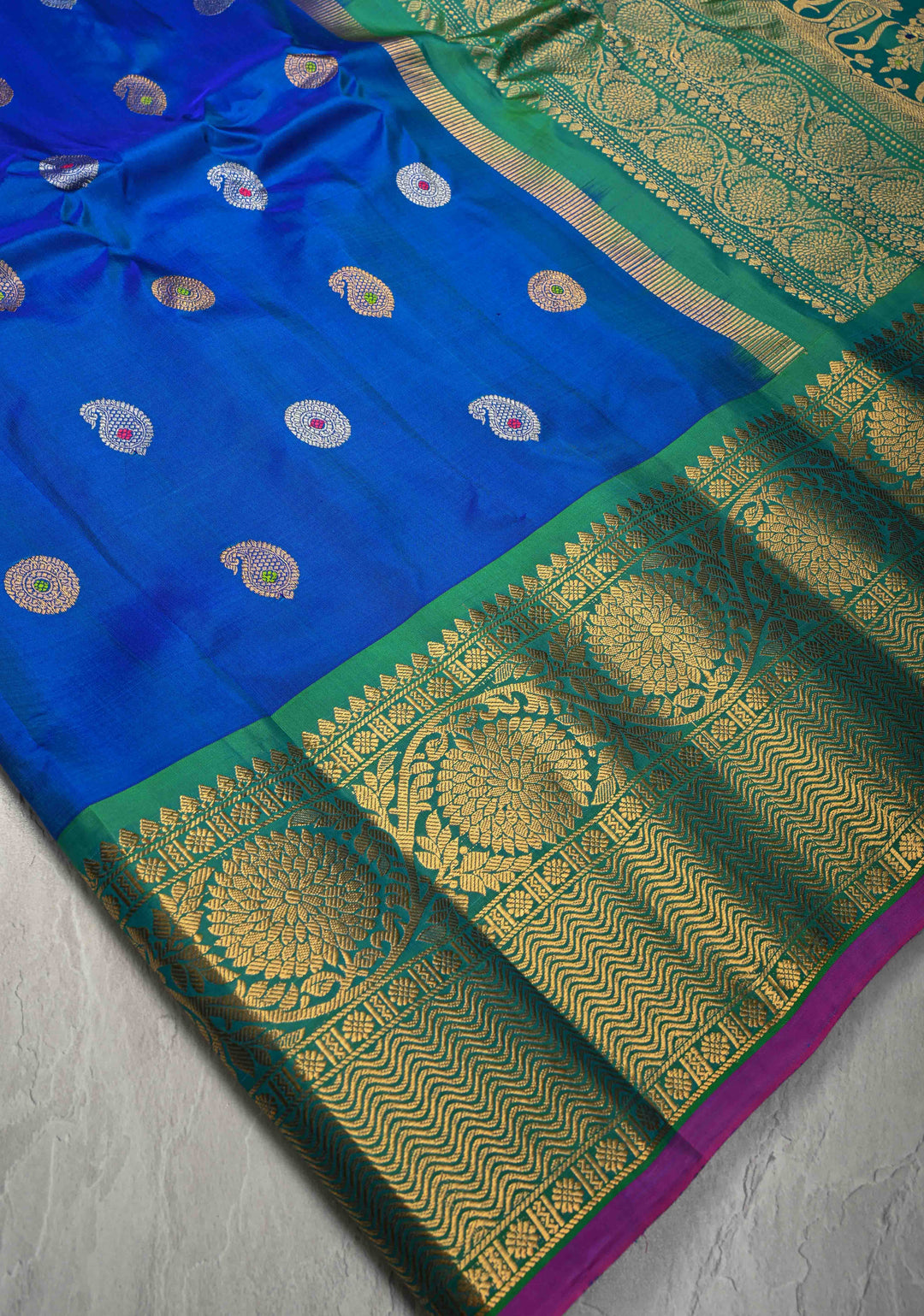 Royal Blue Pure Gadwal Silk Saree with Meenakari Buttas and Wide Kanchi Border | SILK MARK CERTIFIED