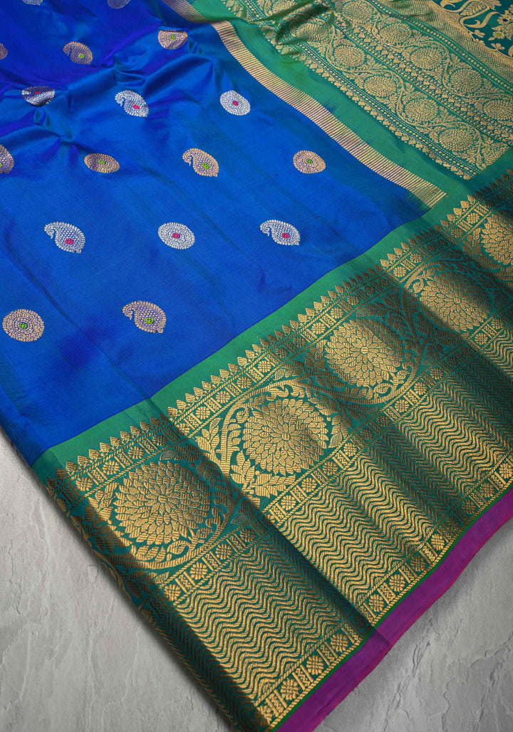 Royal Blue Pure Gadwal Silk Saree with Meenakari Buttas and Wide Kanchi Border | SILK MARK CERTIFIED