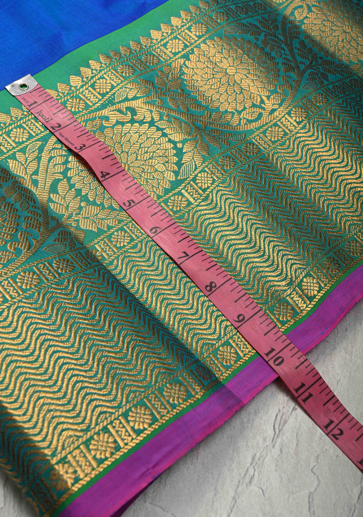 Royal Blue Pure Gadwal Silk Saree with Meenakari Buttas and Wide Kanchi Border | SILK MARK CERTIFIED