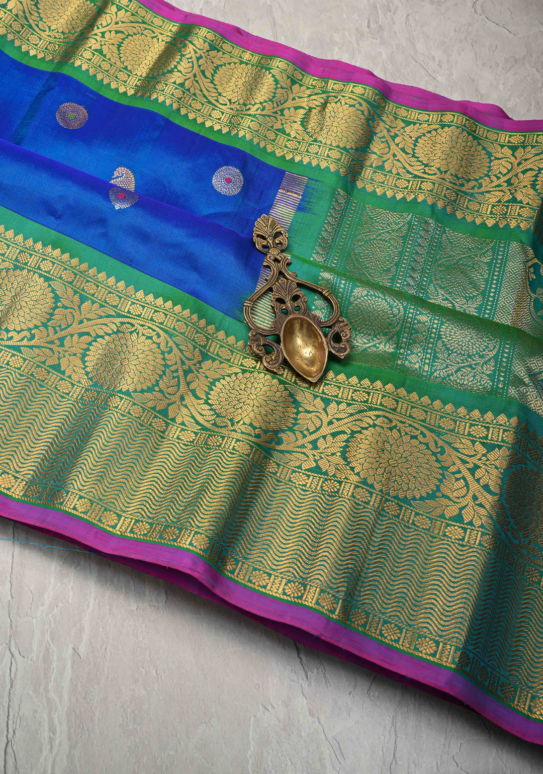 Royal Blue Pure Gadwal Silk Saree with Meenakari Buttas and Wide Kanchi Border | SILK MARK CERTIFIED