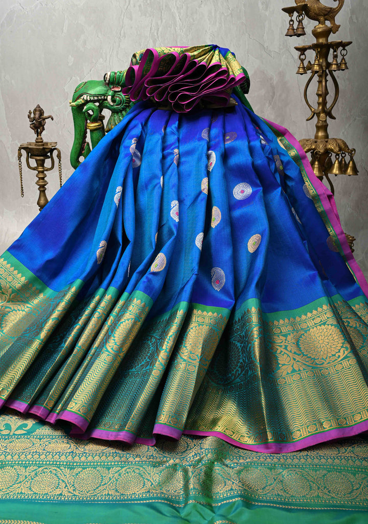 Royal Blue Pure Gadwal Silk Saree with Meenakari Buttas and Wide Kanchi Border | SILK MARK CERTIFIED