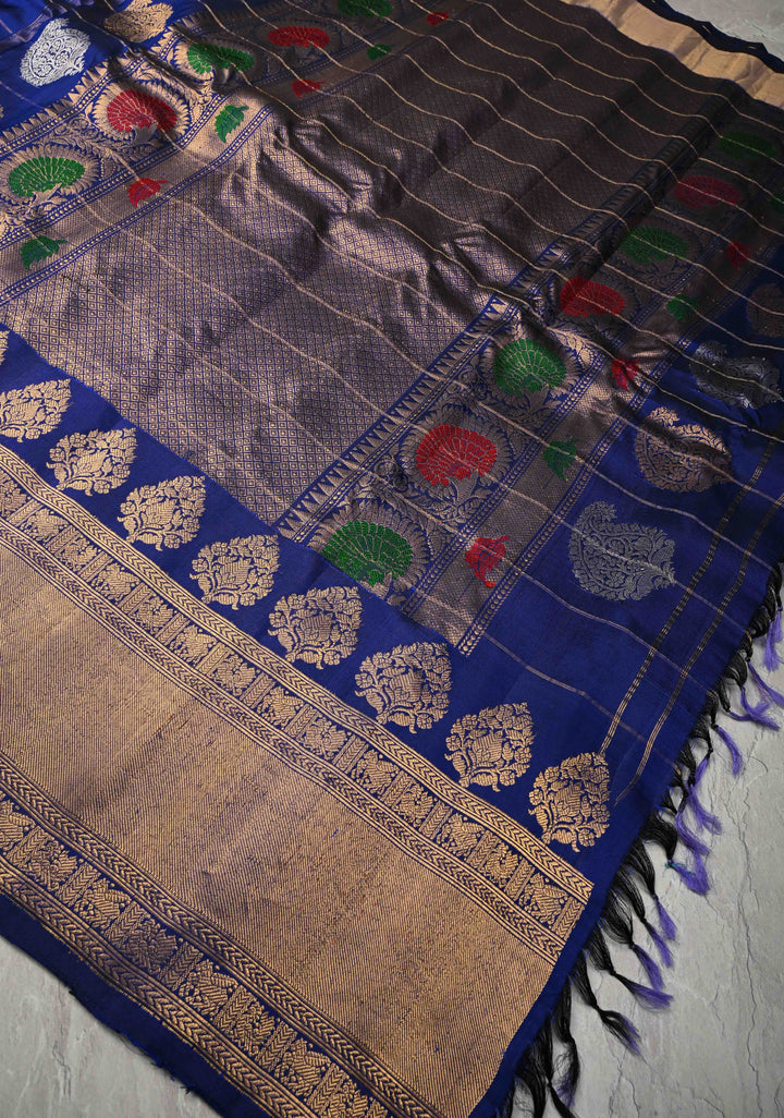 Navy Blue Zari Checks on Pure Kalanjali Gadwal Silk Saree with 2 tone Zari Buttas and Zari Border | SILK MARK CERTIFIED