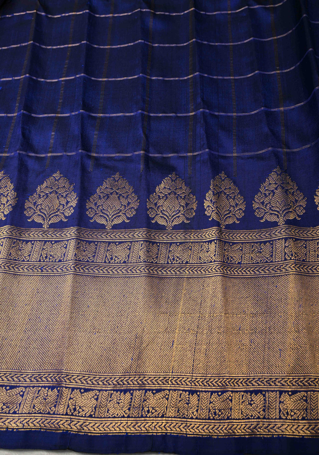Navy Blue Zari Checks on Pure Kalanjali Gadwal Silk Saree with 2 tone Zari Buttas and Zari Border | SILK MARK CERTIFIED