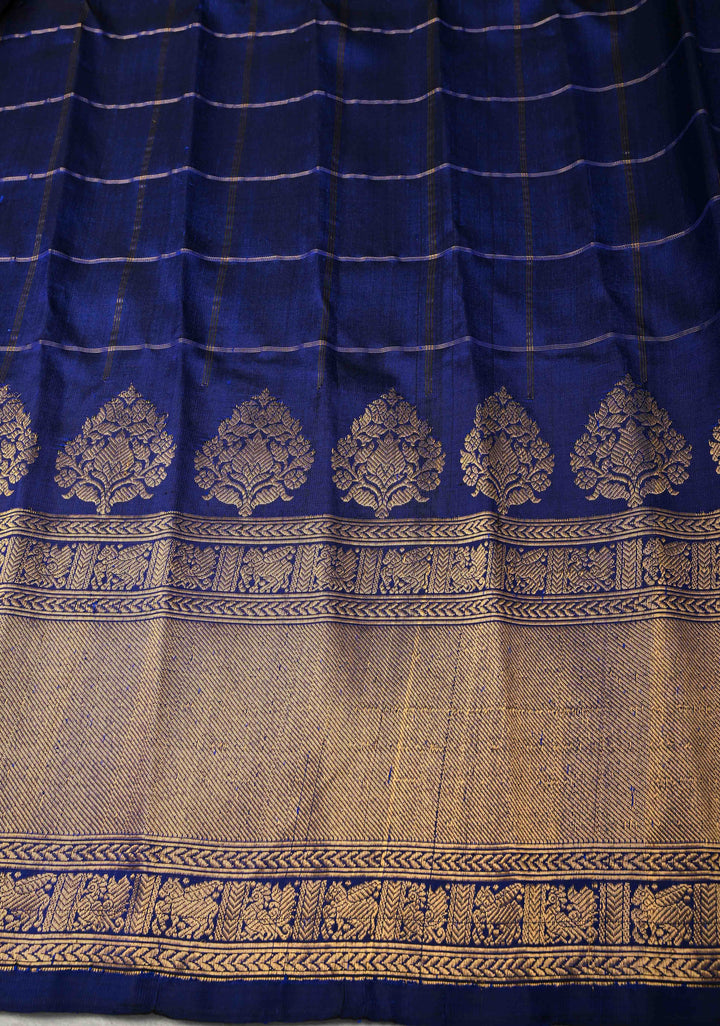 Navy Blue Zari Checks on Pure Kalanjali Gadwal Silk Saree with 2 tone Zari Buttas and Zari Border | SILK MARK CERTIFIED