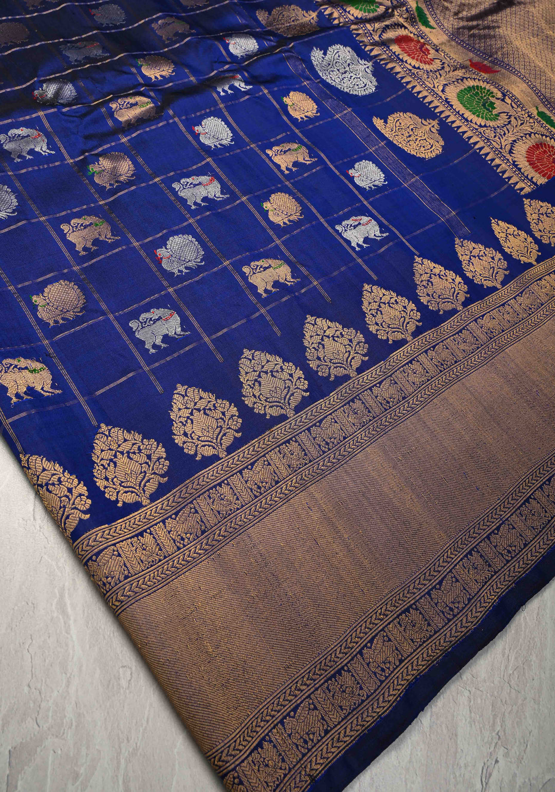 Navy Blue Zari Checks on Pure Kalanjali Gadwal Silk Saree with 2 tone Zari Buttas and Zari Border | SILK MARK CERTIFIED