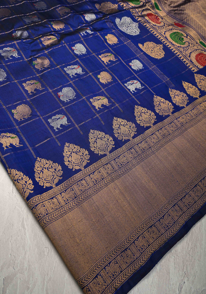 Navy Blue Zari Checks on Pure Kalanjali Gadwal Silk Saree with 2 tone Zari Buttas and Zari Border | SILK MARK CERTIFIED
