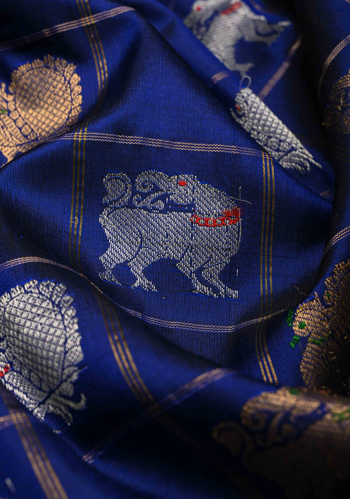 Navy Blue Zari Checks on Pure Kalanjali Gadwal Silk Saree with 2 tone Zari Buttas and Zari Border | SILK MARK CERTIFIED