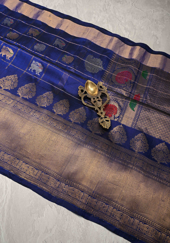 Navy Blue Zari Checks on Pure Kalanjali Gadwal Silk Saree with 2 tone Zari Buttas and Zari Border | SILK MARK CERTIFIED