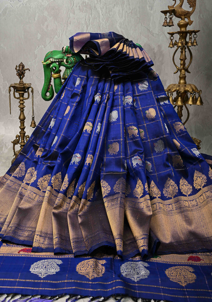 Navy Blue Zari Checks on Pure Kalanjali Gadwal Silk Saree with 2 tone Zari Buttas and Zari Border | SILK MARK CERTIFIED