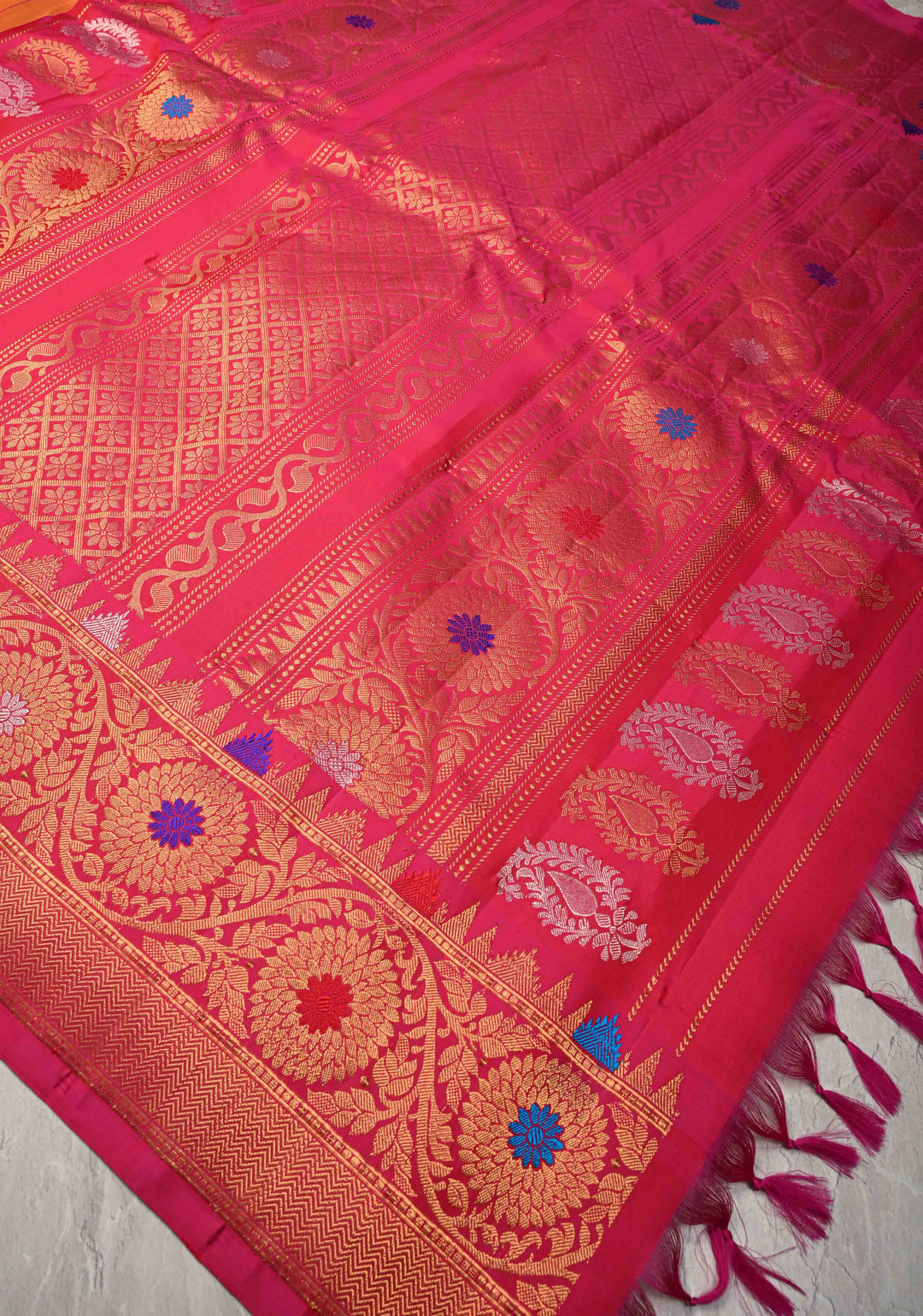 Orange and Yellow Dual Tone Pure Gadwal Silk Saree with Gold-Silver Paisley Buttas and  Meenakari Border | SILK MARK CERTIFIED
