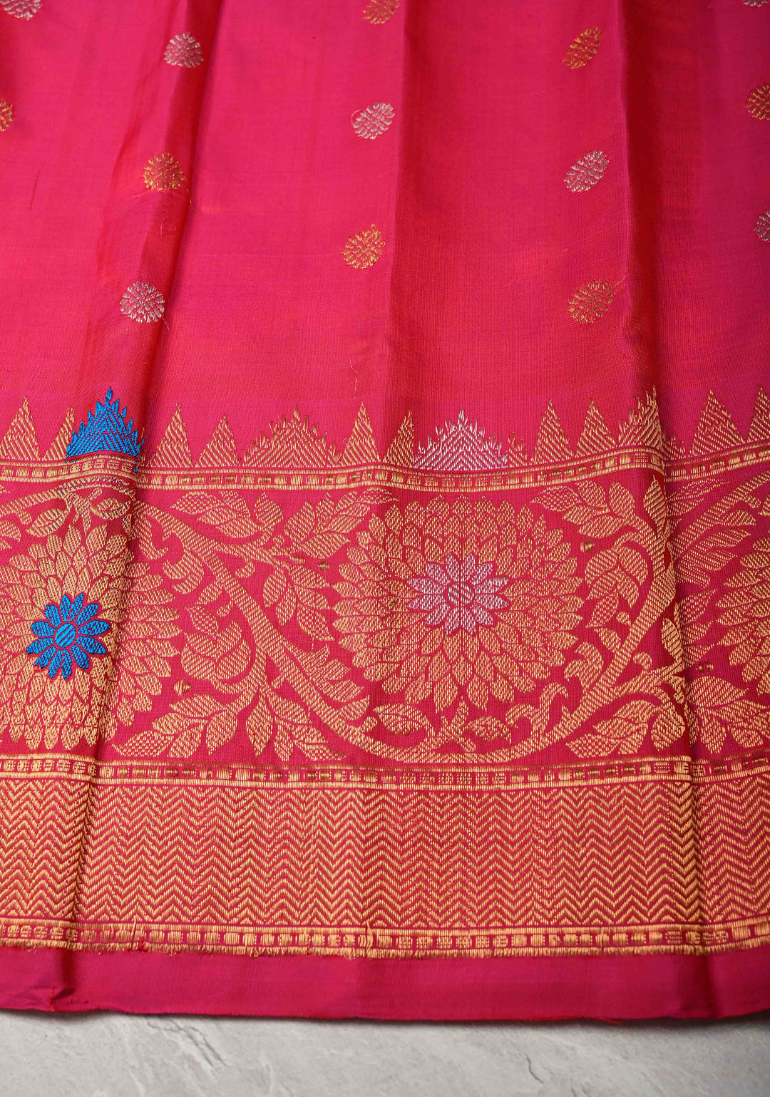 Orange and Yellow Dual Tone Pure Gadwal Silk Saree with Gold-Silver Paisley Buttas and  Meenakari Border | SILK MARK CERTIFIED