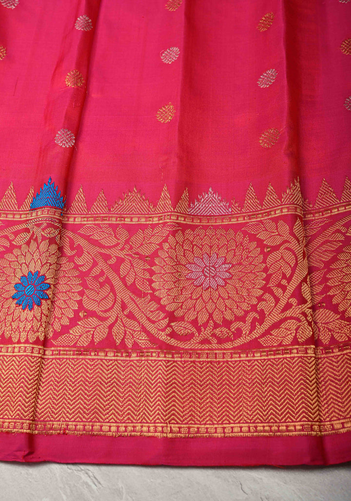Orange and Yellow Dual Tone Pure Gadwal Silk Saree with Gold-Silver Paisley Buttas and  Meenakari Border | SILK MARK CERTIFIED