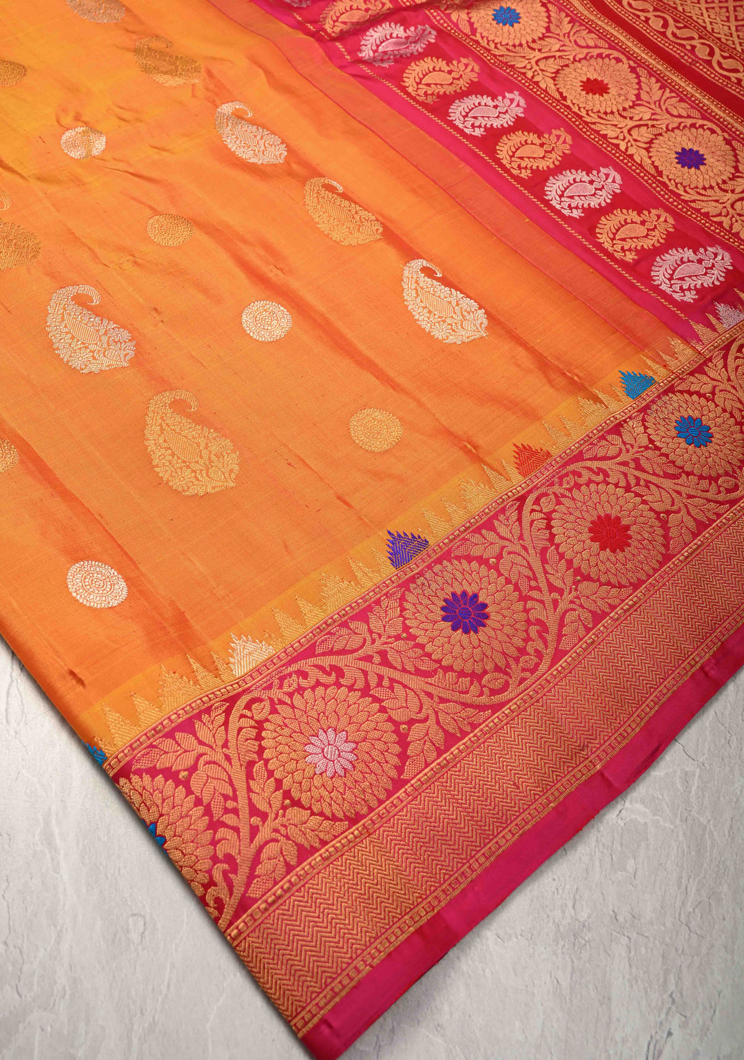 Orange and Yellow Dual Tone Pure Gadwal Silk Saree with Gold-Silver Paisley Buttas and  Meenakari Border | SILK MARK CERTIFIED