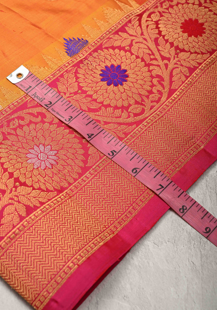 Orange and Yellow Dual Tone Pure Gadwal Silk Saree with Gold-Silver Paisley Buttas and  Meenakari Border | SILK MARK CERTIFIED