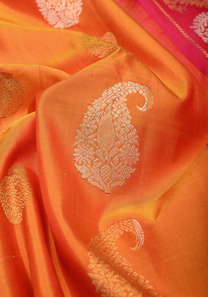 Orange and Yellow Dual Tone Pure Gadwal Silk Saree with Gold-Silver Paisley Buttas and  Meenakari Border | SILK MARK CERTIFIED