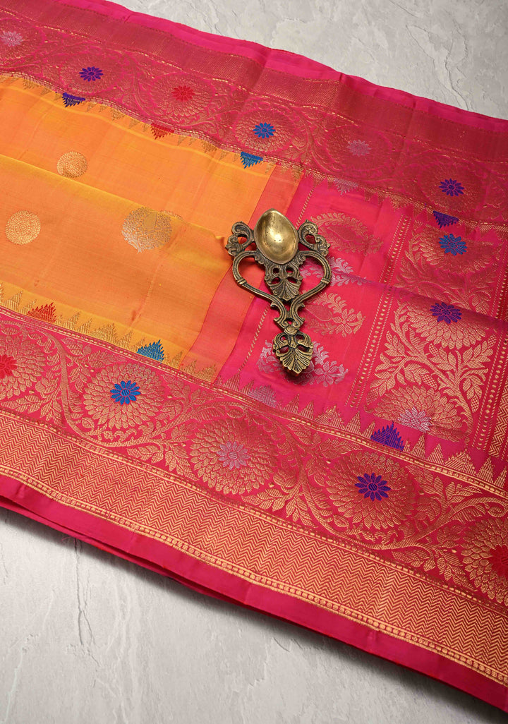 Orange and Yellow Dual Tone Pure Gadwal Silk Saree with Gold-Silver Paisley Buttas and  Meenakari Border | SILK MARK CERTIFIED