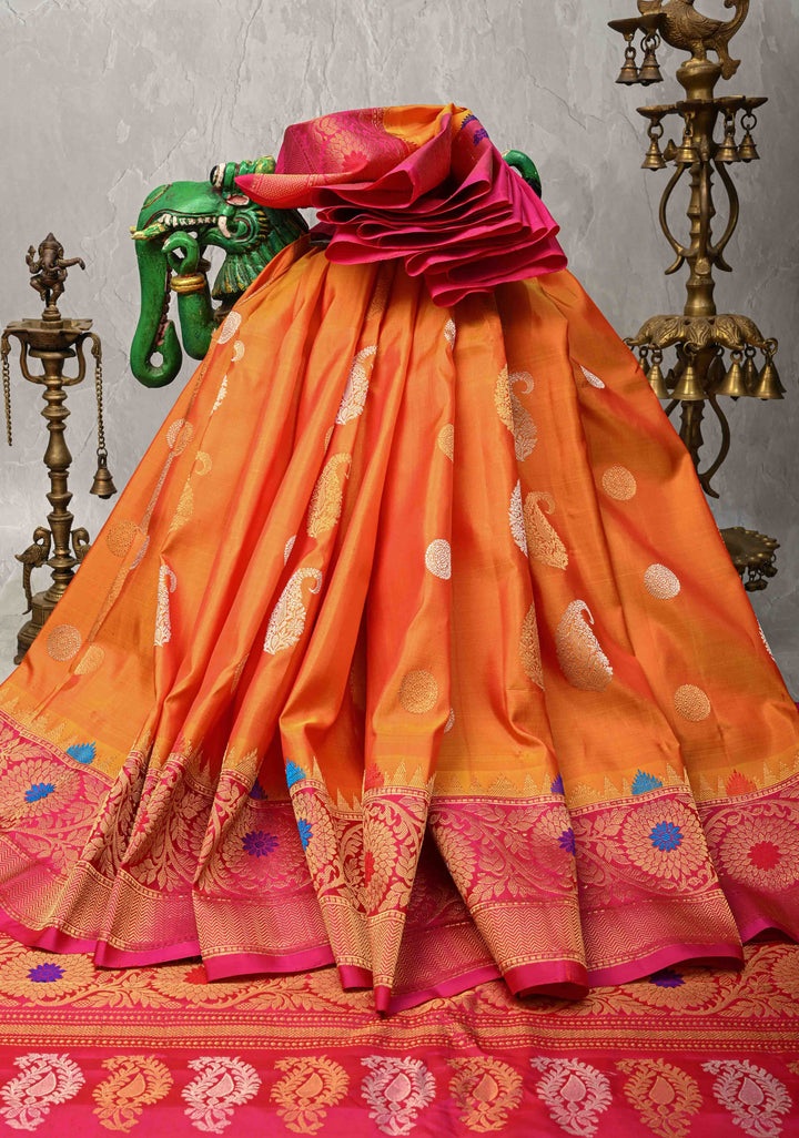 Orange and Yellow Dual Tone Pure Gadwal Silk Saree with Gold-Silver Paisley Buttas and  Meenakari Border | SILK MARK CERTIFIED