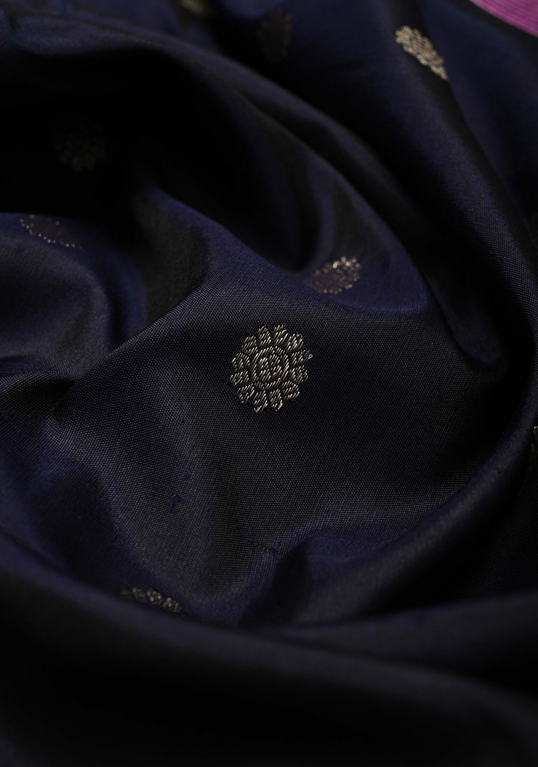 Black Pure Gadwal Silk Saree  with Zari Buttas and Contrast Pink and Silver Zari Border | SILK MARK CERTIFIED