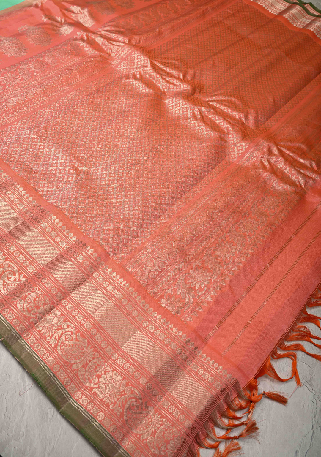 Sea Green Pure Gadwal Silk Saree with 2 Tone Zari Buttas and Contrast Zari Border | SILK MARK CERTIFIED