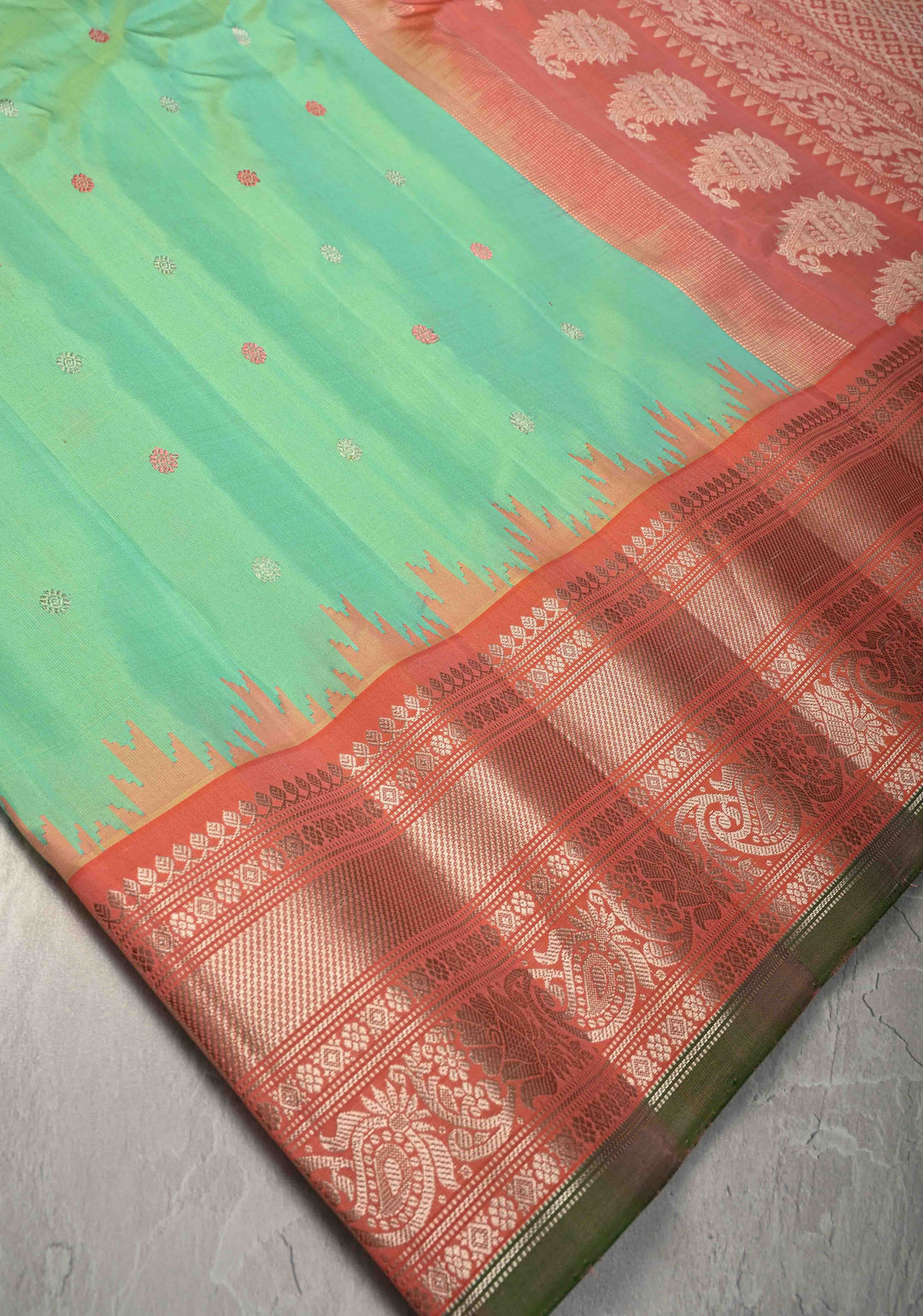 Sea Green Pure Gadwal Silk Saree with 2 Tone Zari Buttas and Contrast Zari Border | SILK MARK CERTIFIED