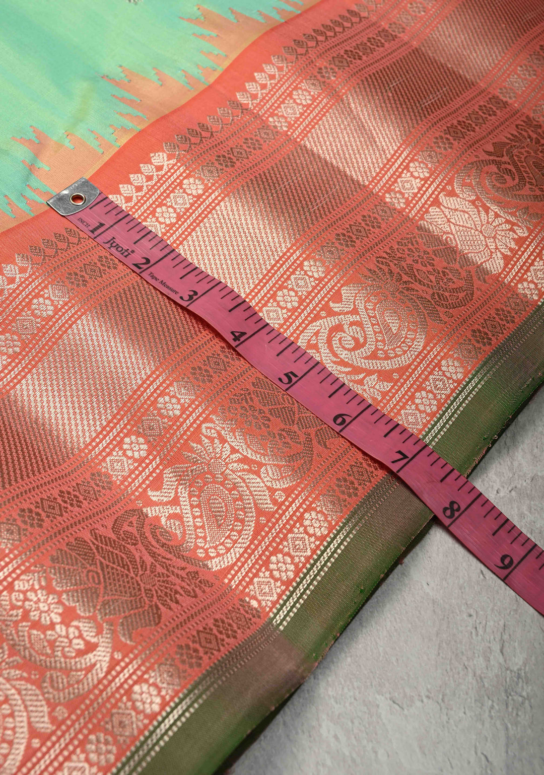 Sea Green Pure Gadwal Silk Saree with 2 Tone Zari Buttas and Contrast Zari Border | SILK MARK CERTIFIED