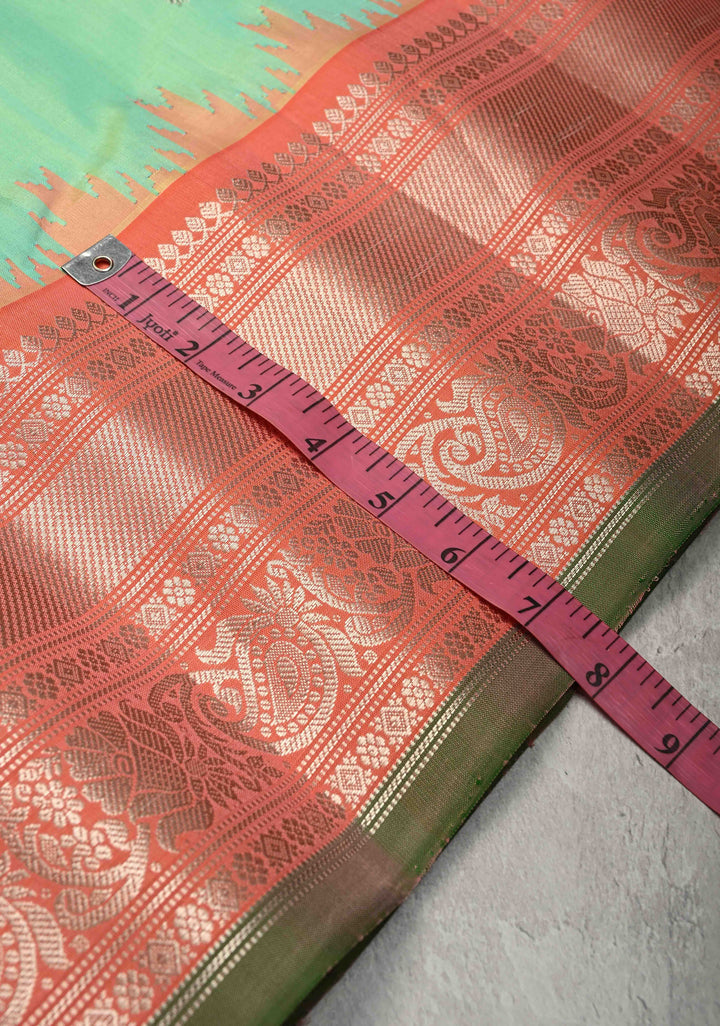 Sea Green Pure Gadwal Silk Saree with 2 Tone Zari Buttas and Contrast Zari Border | SILK MARK CERTIFIED