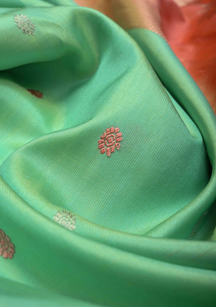 Sea Green Pure Gadwal Silk Saree with 2 Tone Zari Buttas and Contrast Zari Border | SILK MARK CERTIFIED