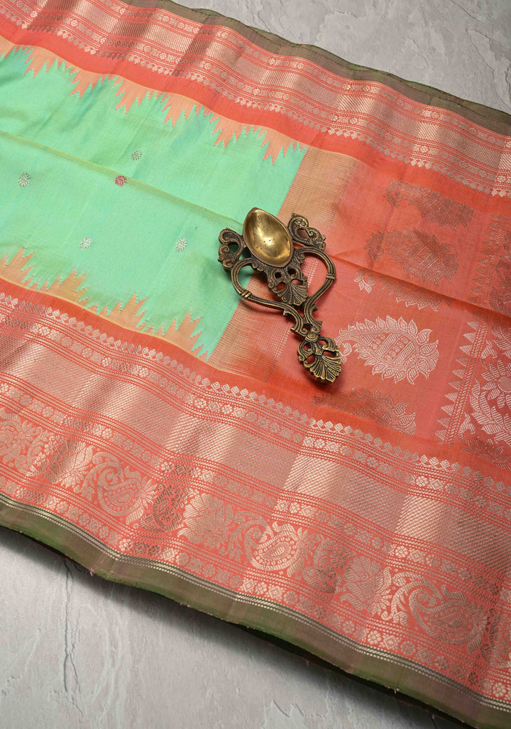 Sea Green Pure Gadwal Silk Saree with 2 Tone Zari Buttas and Contrast Zari Border | SILK MARK CERTIFIED