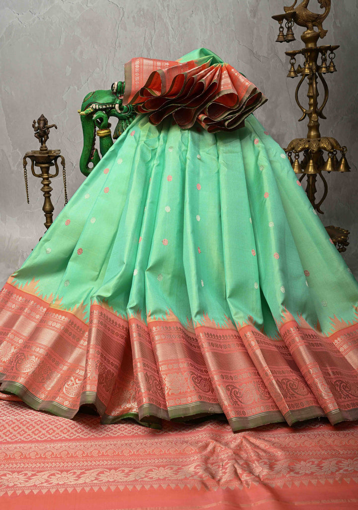 Sea Green Pure Gadwal Silk Saree with 2 Tone Zari Buttas and Contrast Zari Border | SILK MARK CERTIFIED