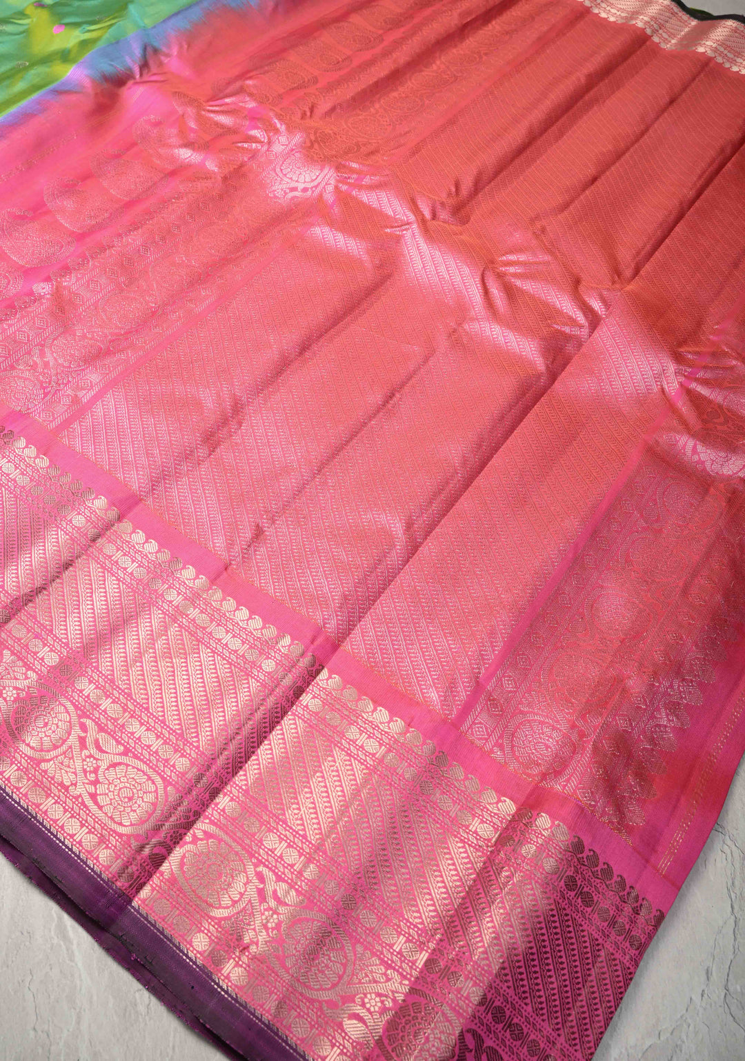 Pista Green Dual tone Pure Gadwal Silk Saree  with Meenakari Buttas and Contrast Silver Zari Border | SILK MARK CERTIFIED