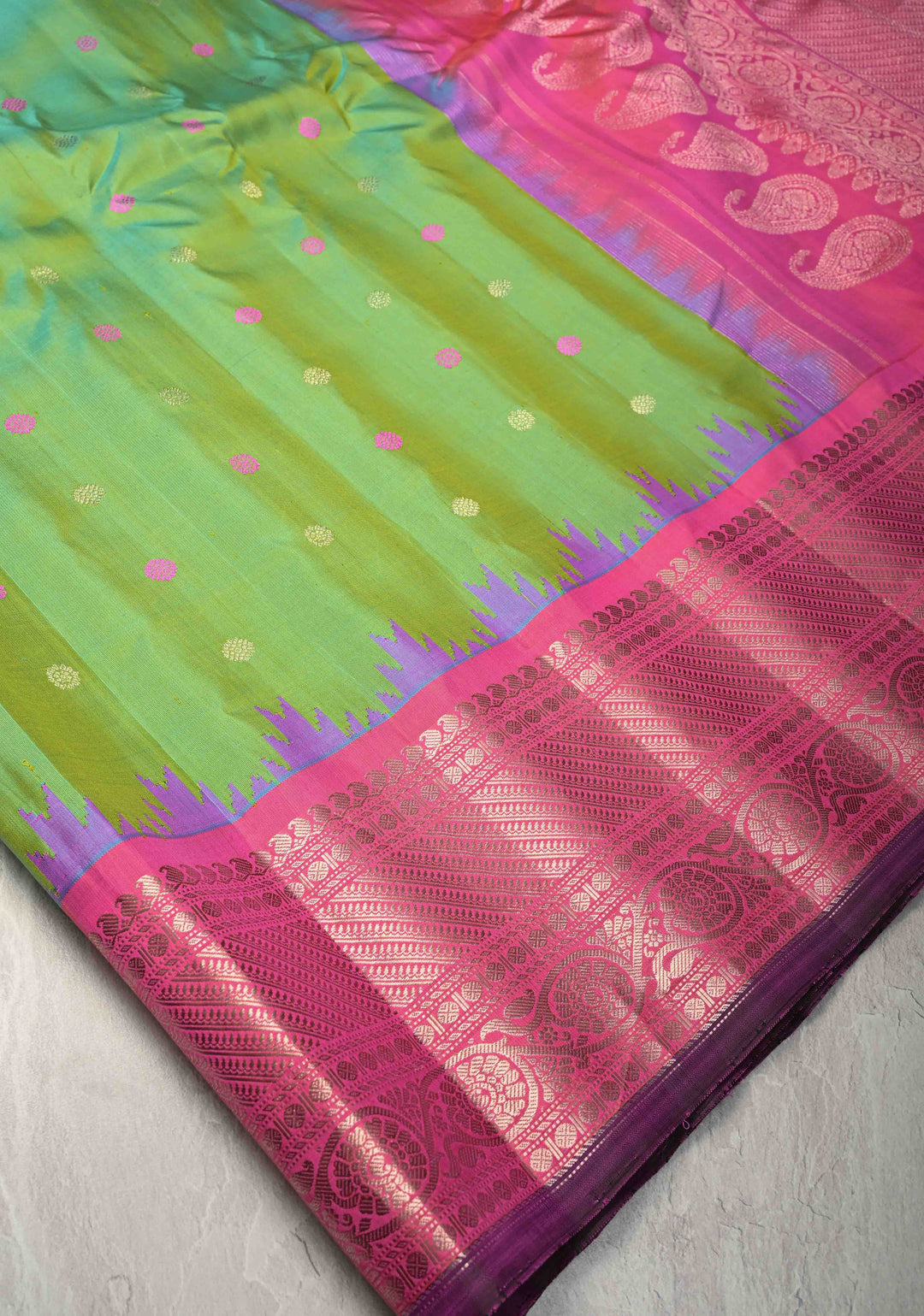 Pista Green Dual tone Pure Gadwal Silk Saree  with Meenakari Buttas and Contrast Silver Zari Border | SILK MARK CERTIFIED