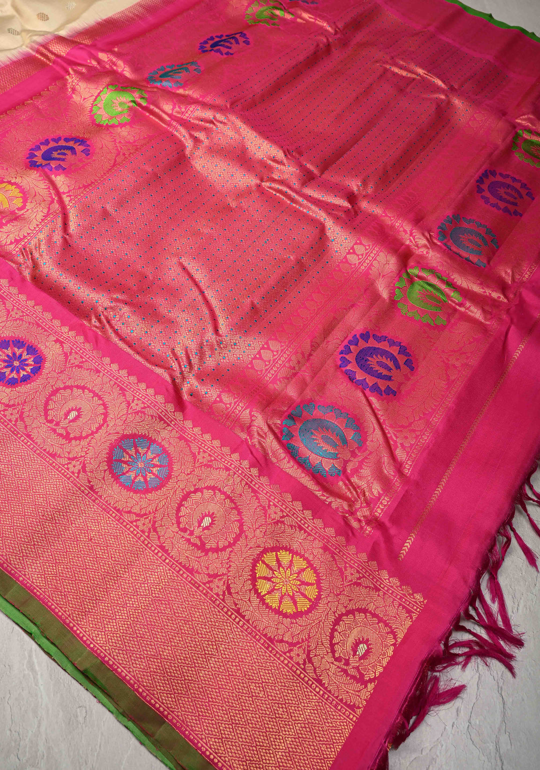 Beige Pure Gadwal Silk Saree  with Gold-Silver Buttas and Meenakari Border, Pallu | SILK MARK CERTIFIED