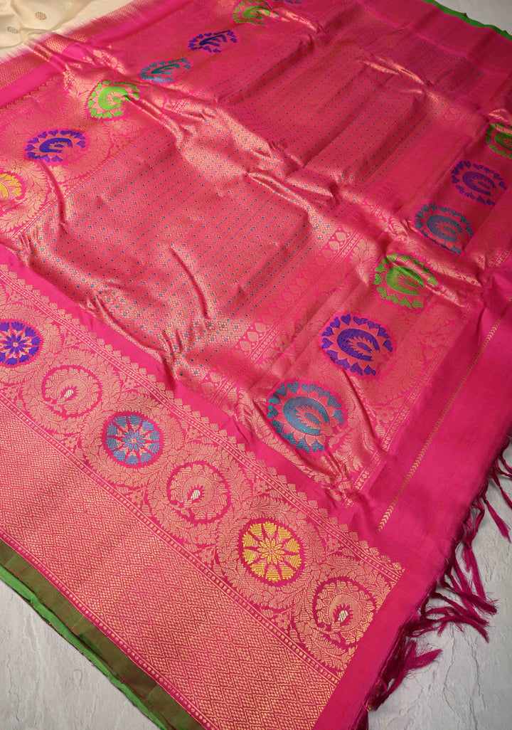 Beige Pure Gadwal Silk Saree  with Gold-Silver Buttas and Meenakari Border, Pallu | SILK MARK CERTIFIED