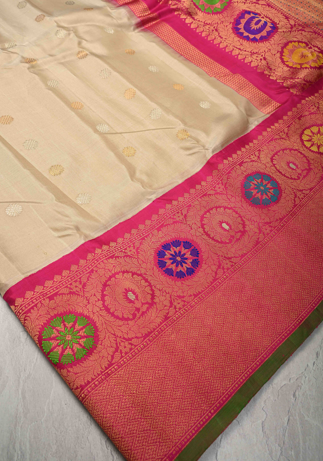Beige Pure Gadwal Silk Saree  with Gold-Silver Buttas and Meenakari Border, Pallu | SILK MARK CERTIFIED