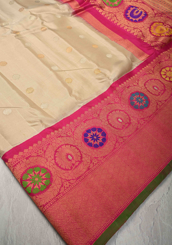Beige Pure Gadwal Silk Saree  with Gold-Silver Buttas and Meenakari Border, Pallu | SILK MARK CERTIFIED