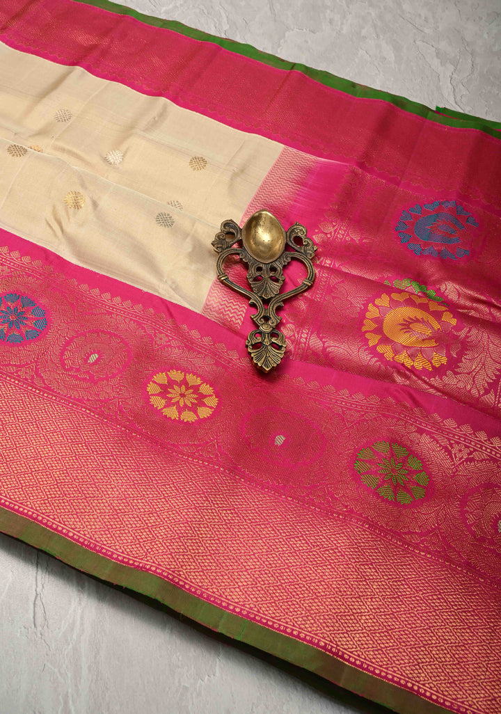 Beige Pure Gadwal Silk Saree  with Gold-Silver Buttas and Meenakari Border, Pallu | SILK MARK CERTIFIED