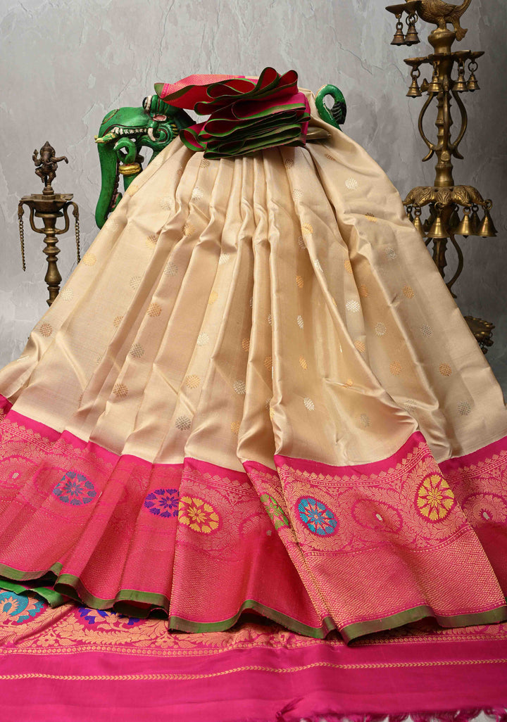Beige Pure Gadwal Silk Saree  with Gold-Silver Buttas and Meenakari Border, Pallu | SILK MARK CERTIFIED