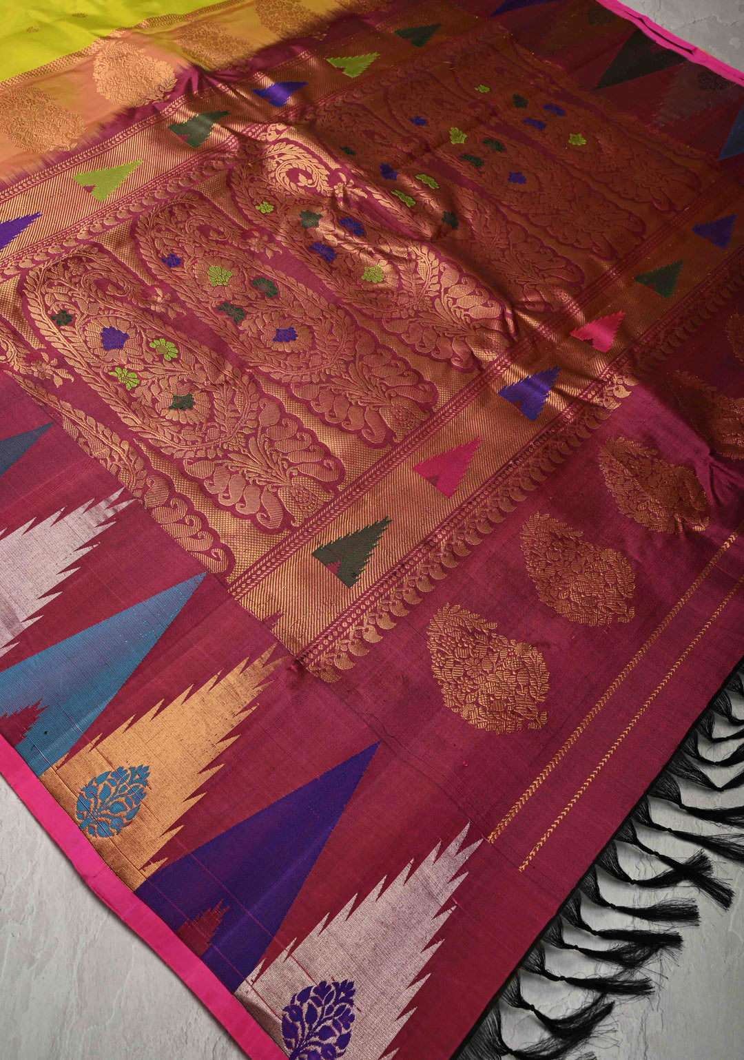 Moss Green Meenakari Gadwal Silk Saree with Zari Buttas and MultiColor Temple Border | SILK MARK CERTIFIED