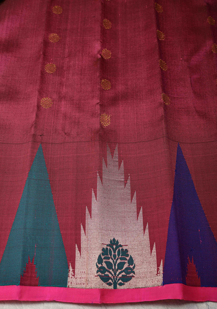 Moss Green Meenakari Gadwal Silk Saree with Zari Buttas and MultiColor Temple Border | SILK MARK CERTIFIED