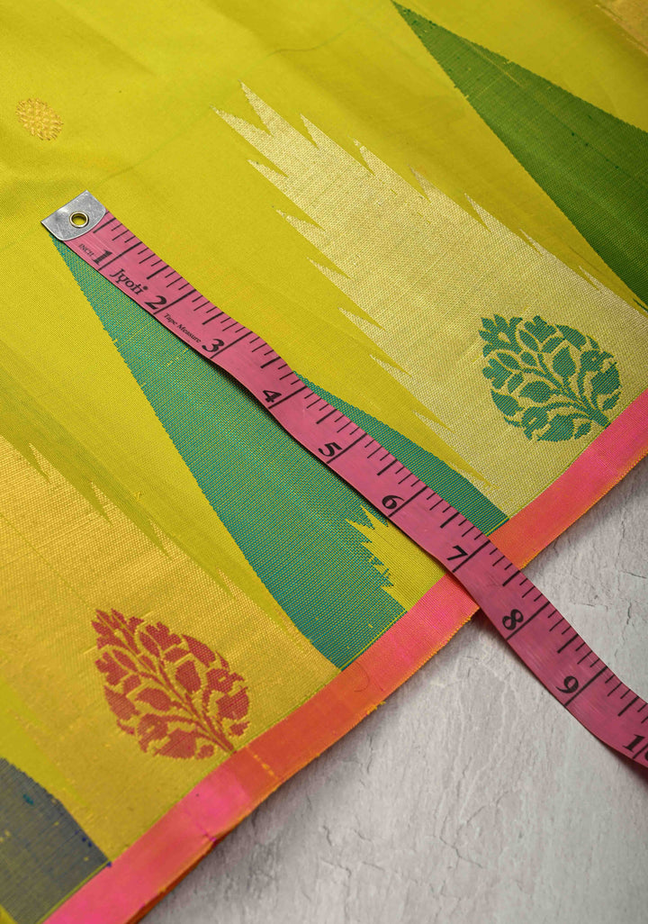 Moss Green Meenakari Gadwal Silk Saree with Zari Buttas and MultiColor Temple Border | SILK MARK CERTIFIED