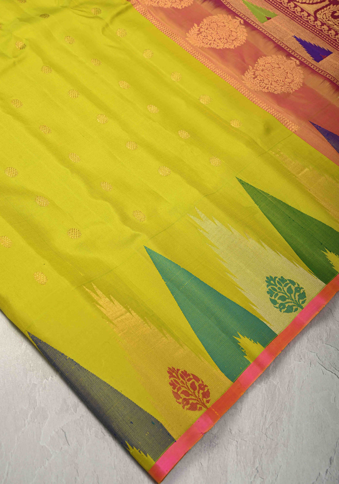 Moss Green Meenakari Gadwal Silk Saree with Zari Buttas and MultiColor Temple Border | SILK MARK CERTIFIED