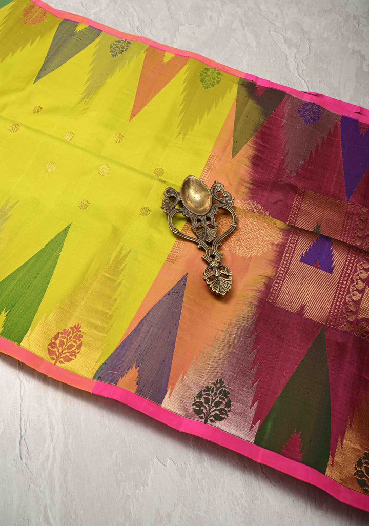 Moss Green Meenakari Gadwal Silk Saree with Zari Buttas and MultiColor Temple Border | SILK MARK CERTIFIED