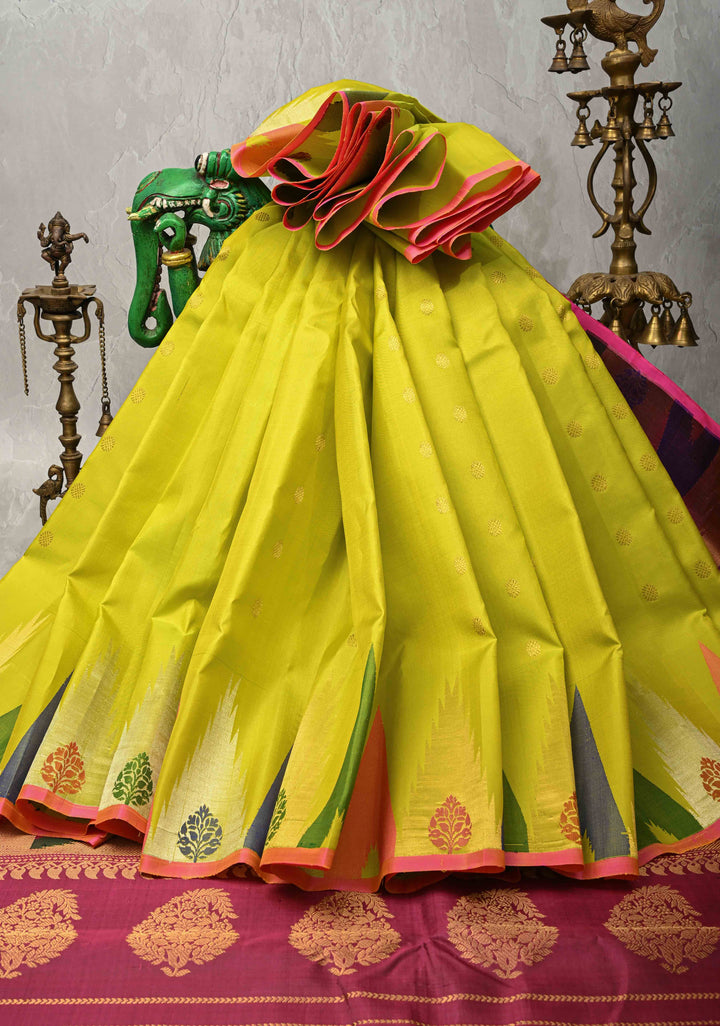 Moss Green Meenakari Gadwal Silk Saree with Zari Buttas and MultiColor Temple Border | SILK MARK CERTIFIED