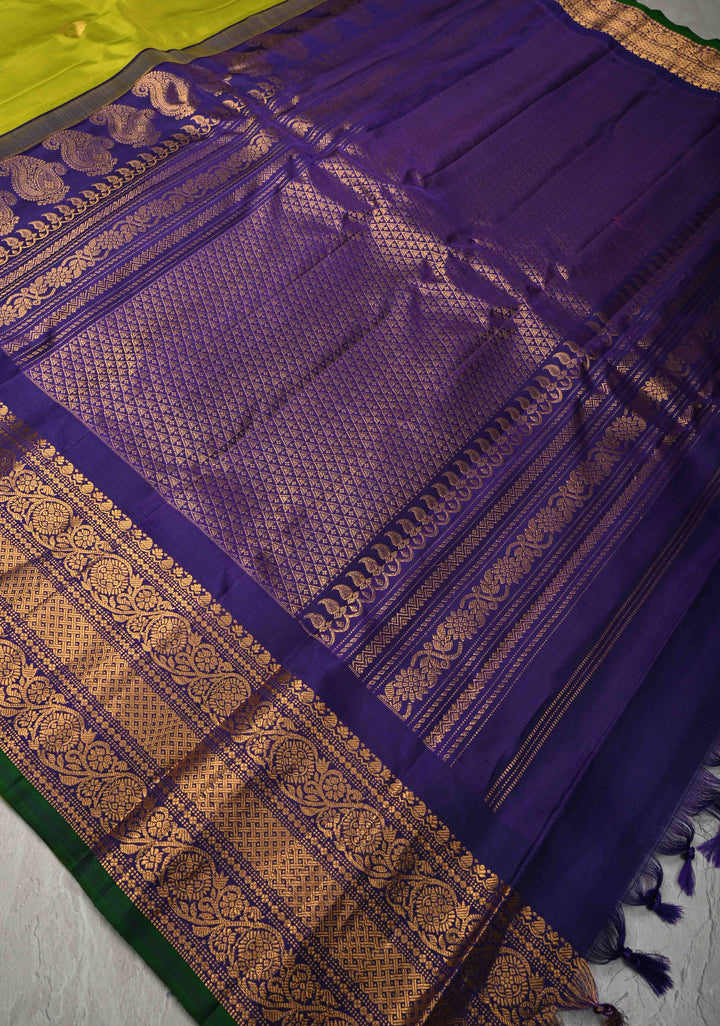 Chartreuse Pure Gadwal Silk Saree with Gold-Silver Buttas and Contrast Zari Border | SILK MARK CERTIFIED