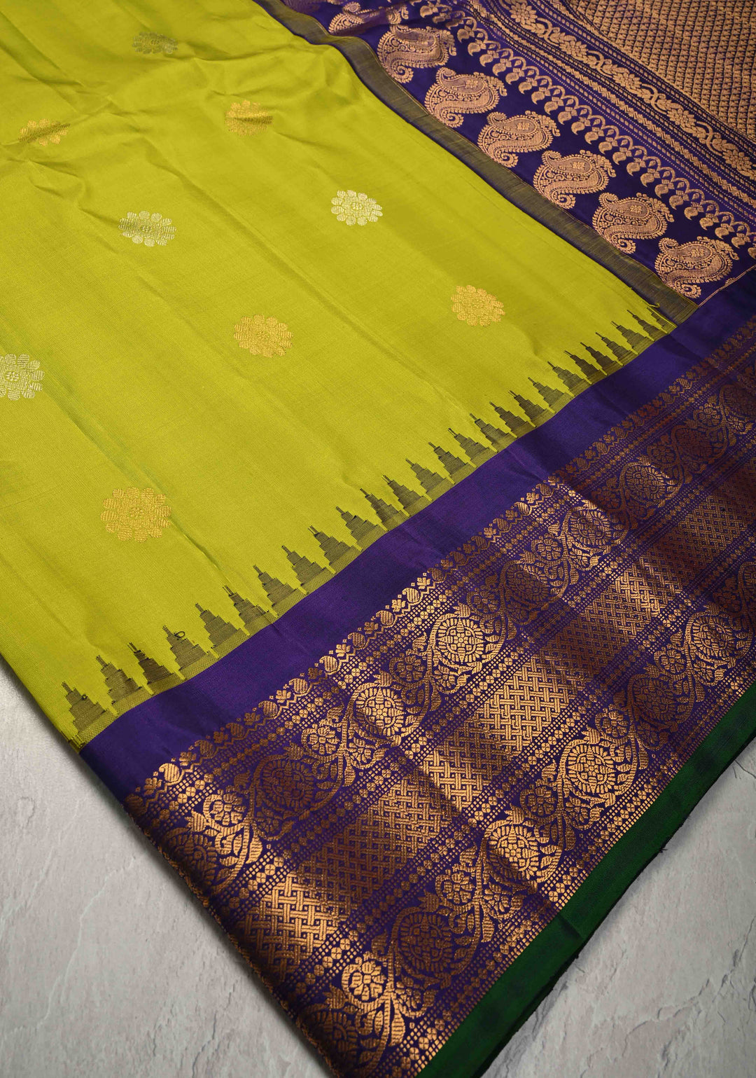 Chartreuse Pure Gadwal Silk Saree with Gold-Silver Buttas and Contrast Zari Border | SILK MARK CERTIFIED